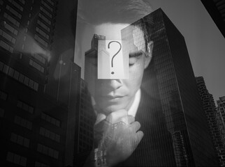 thoughtful businessman with question mark on his head, idea, brainstorming 