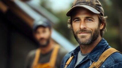 Smiling carpenter in workwear posing for a photo on a construction site, outdoors.
