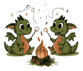Naklejka premium Cute Cartoon Dragons Enjoying Campfire with Marshmallows and Music Notes