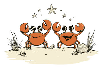 Playful Crabs Celebrate Under the Stars in Vector Art Illustration