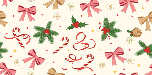 Christmas coquette seamless pattern with pink bows ribbon, cute winter fir branches, stars. Vector New Year holiday print with retro bow knots, floral