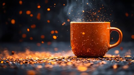 A steaming orange mug of coffee sits on a dark surface with scattered coffee beans and sparkles.