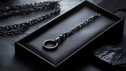 Elegant black key chain and chain accessory, showcased in a stylish still life presentation.