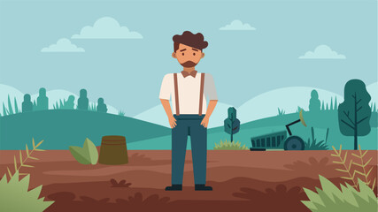 A farmer standing dejectedly in an empty field with his hands on his hips surrounded by unmaintained equipment and overgrown weeds symbolizing the struggles of farmers facing a. Vector illustration