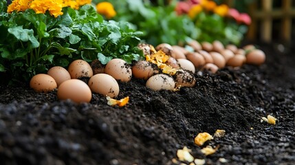 Eggs nestled in rich soil, creating a scene of organic gardening and natural beauty.