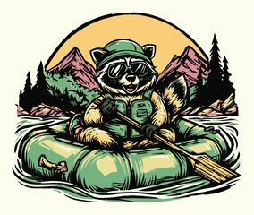 Fototapeta premium Adventurous Cartoon Raccoon in Raft Surrounded by Nature and Mountains