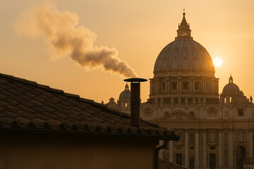 Obraz premium Vatican at sunset: smoke emerges from the chimney of St. Peter's Basilica, signaling a historic moment. Faith and tradition.