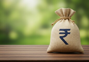 Indian rupee money bag on wooden surface