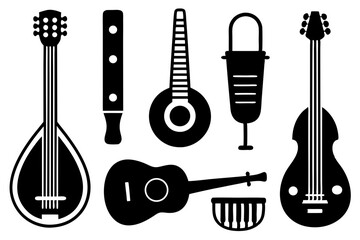 Collection of stringed and percussion instruments