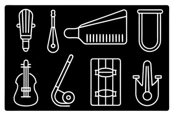 Collection of musical instruments and sporting goods icons