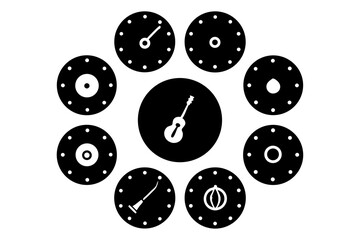Circular icons featuring a guitar and various objects