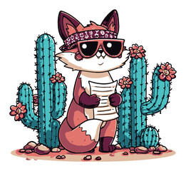 Cute Cartoon Fox Character with Sunglasses Surrounded by Cacti