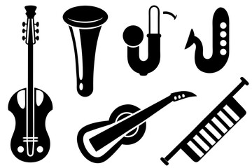 Collection of black and white musical instrument icons