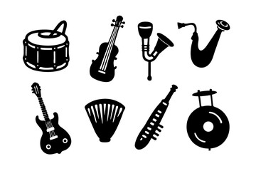Collection of black and white musical instrument icons