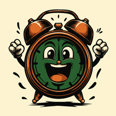 Obraz premium Cheerful Cartoon Alarm Clock Character with Vintage Design and Smiley Face