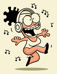 Joyful Cartoon Character Dancing with Headphones and Musical Notes