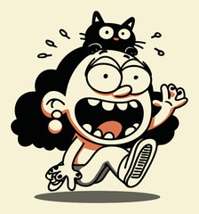 Excited Character with Cat on Head Running in Playful Illustration Style