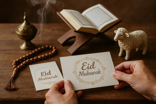Eid al-Adha Still Life with Quran, Prayer Beads, Incense Burner, and Sheep Figurine on Wooden Table