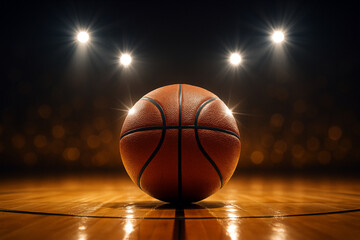 Basketball on wooden court under bright spotlights