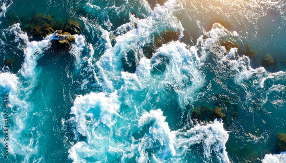 Poster aerial view of azure sea water crashing against rocks, creating white foam textures and dynamic patt