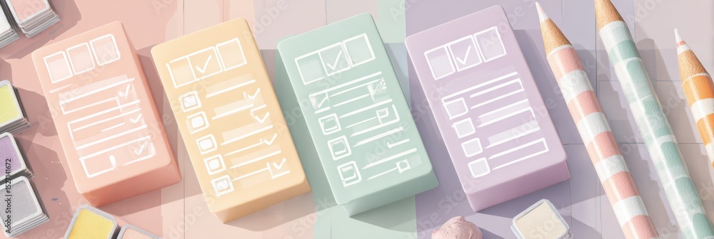 Aufkleber daily self-reflection prompts infographic featuring pastel blocks and pencil icons for mindful journ