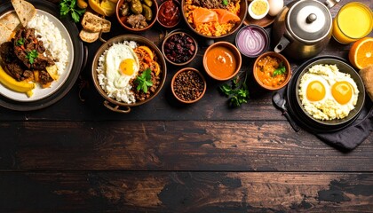 Assortment of delicious and diverse international cuisines served in bowls and plates presented on a rustic dark wood table creates a culinary experience.