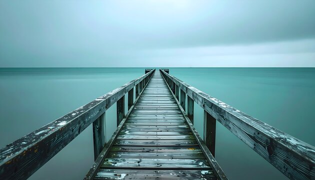 Symmetrical wide-angle shot of weathered wooden pier extending to ocean horizon