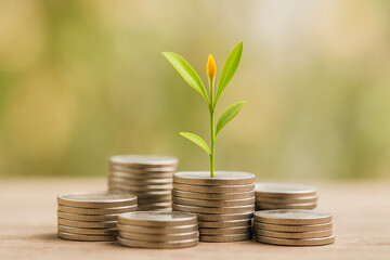 plant growth on pile of coins in background with concept of increasing investment in business and saving idea