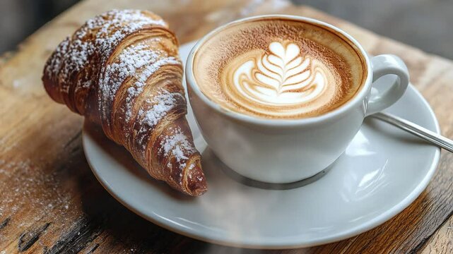 Cappuccino with cornetto on the table with smoke