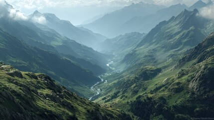 Naklejka premium Idyllic mountain valley vista with flowing river and breathtaking scenery