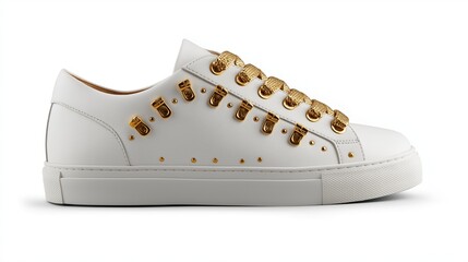 Premium sneaker with gold eyelets on white backdrop