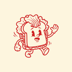 Red Cartoon Sandwich Character Walking, Retro Style Illustration