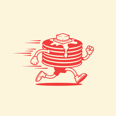 Red Cartoon Pancakes Running with Syrup and Butter on Beige Background