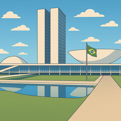 Naklejka premium The iconic National Congress Palace in Brasilia, Brazil, a marvel of modern architecture under a clear blue sky with the national flag flying proudly.