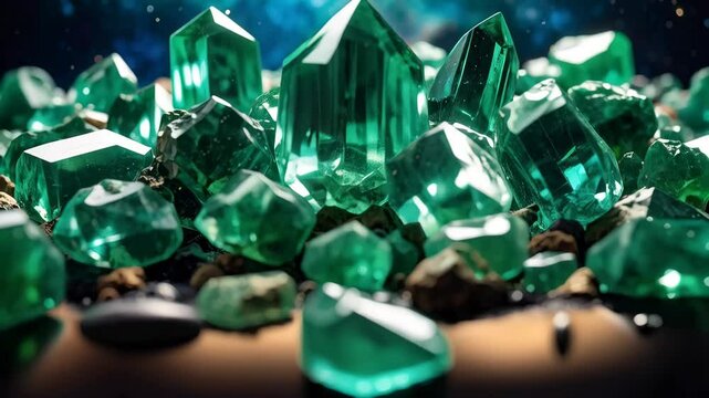 Pile of sparkling green emerald gemstones with faceted surfaces, displaying an arrangement of crystals and mineral specimens on dark rock fragments.