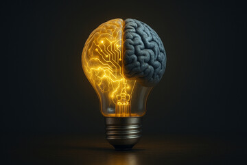 Lightbulb with half human brain and half glowing circuit symbolizing intelligence and innovation