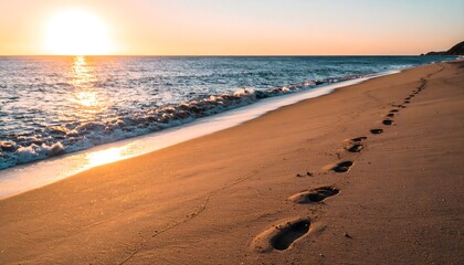 Minimalist top-down photography of lone footprints trailing toward ocean horizon at sunset.