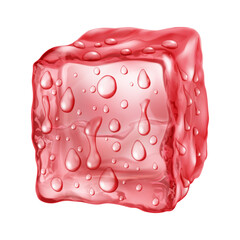 Realistic translucent ice cube in red colors with water drops on its surface, isolated on a white background. Transparency only in vector format.