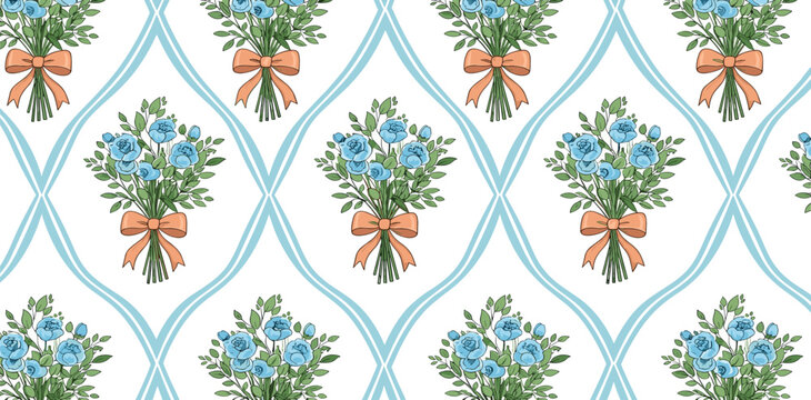 Fototapeta Coquette grandmillennial seamless pattern with gentle flowers and bow, ribbon. Soft blue cottagecore trellis print. Vector floral wallpaper, retro repeat background, textile design, vintage paper