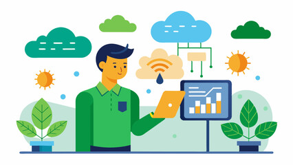 Naklejka premium An AIpowered weather forecasting system provides accurate and timely predictions for farmers helping them make informed decisions about crop planting harvesting and protection.. Vector illustration