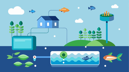 Naklejka premium A smart water management system in an aquaponics farm using IoT sensors to control the flow and distribution of water between fish and plants.. Vector illustration