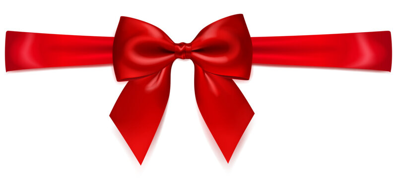 A vibrant vector illustration with beautiful large red shiny bow with horizontal ribbon and soft shadow on white background, perfect for gift wrapping or decorative purposes.