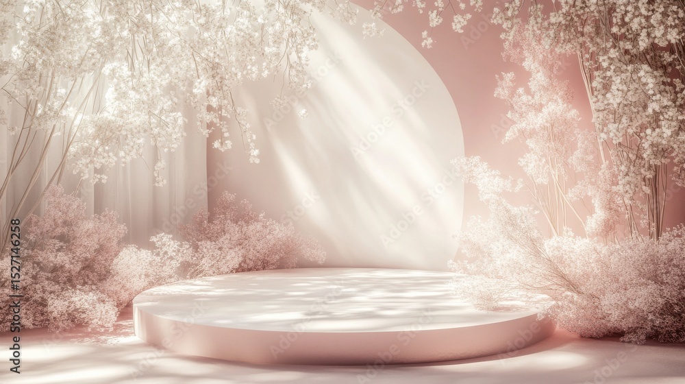 Aufkleber a round platform surrounded by white flowers and branches with a soft pink background scene setting