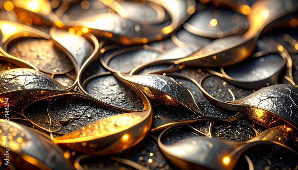 Poster abstract gold and silver interwoven shapes create a luxurious, textured background with a dark, eleg