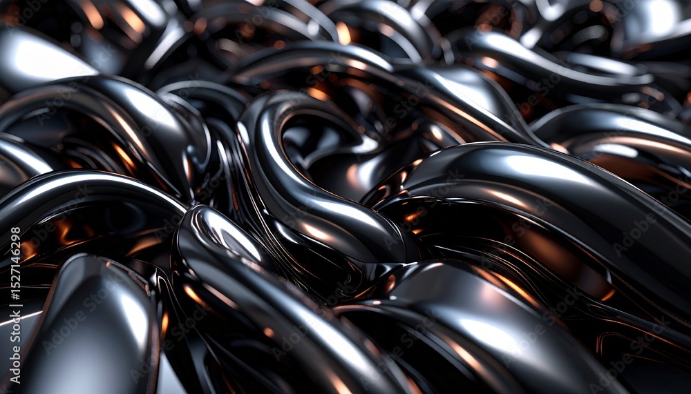 Poster an abstract close-up shows smooth and twisted black metallic shapes with reflections and dramatic li