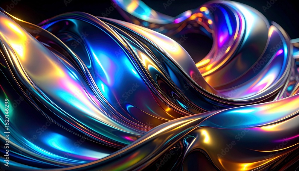 Poster the vibrant abstract rende showcases iridescent metallic swirls reflecting a spectrum of blues, gold