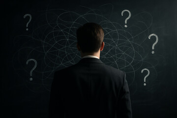 Businessman facing messy chalkboard with question marks symbolizing confusion and complex thinking