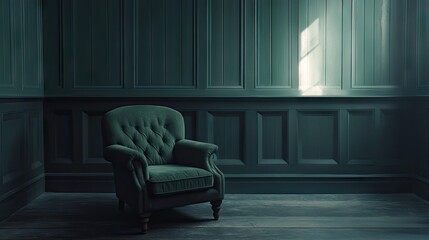 Elegant teal-colored room with a single armchair.
