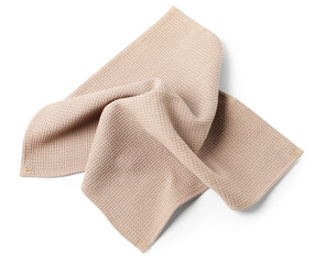 Clean beige waffle towel isolated on white, top view