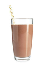 Tasty chocolate milk and straw in glass isolated on white